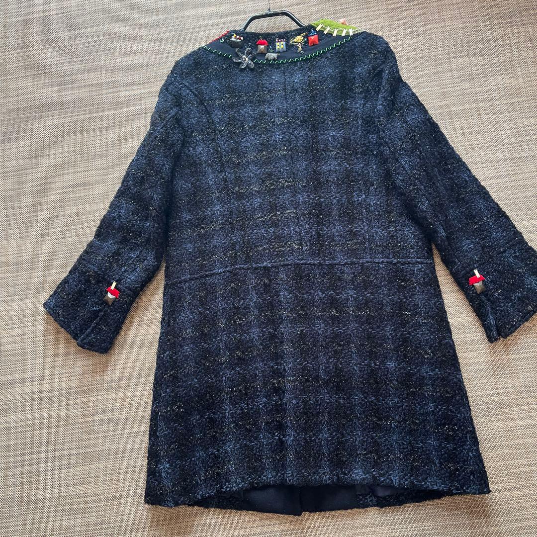 ツイードコート　黒×紺　放牧 立体フェルト豚さん　編み花　ビーズ 裏地まで可愛い