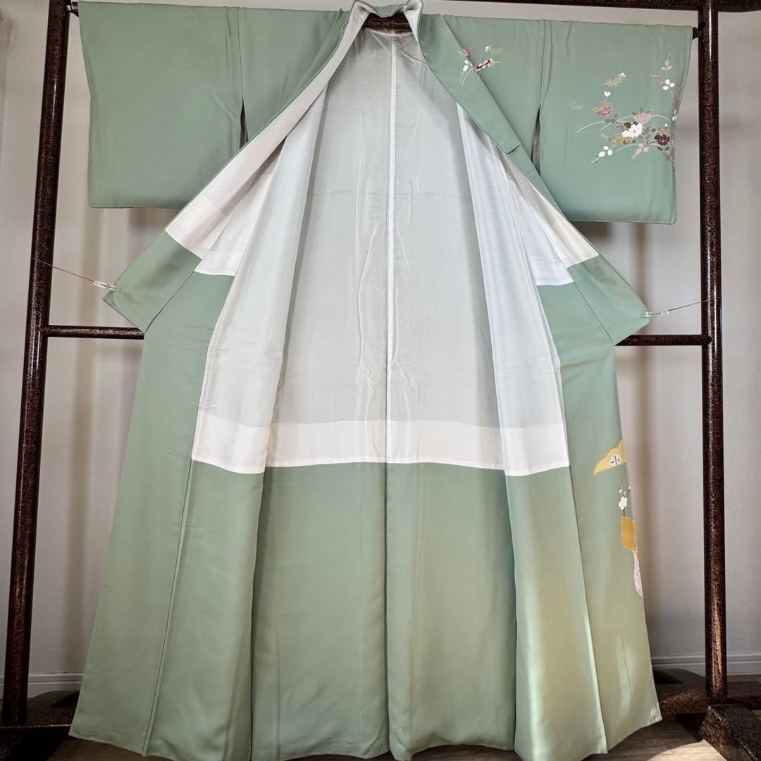 超美品　正絹　袷　訪問着　トールサイズ　春色　緑　裄長め　165裄69.5