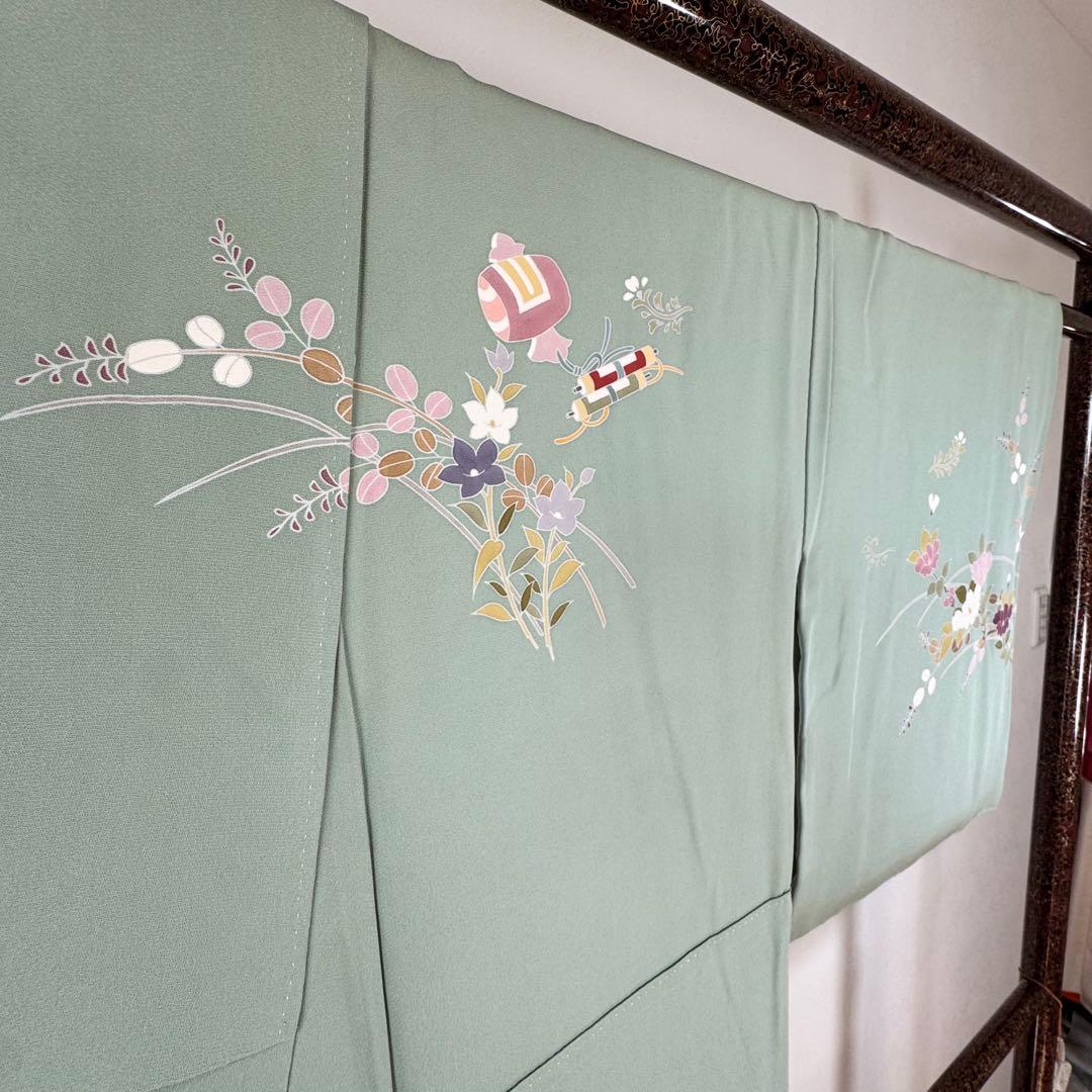 超美品　正絹　袷　訪問着　トールサイズ　春色　緑　裄長め　165裄69.5