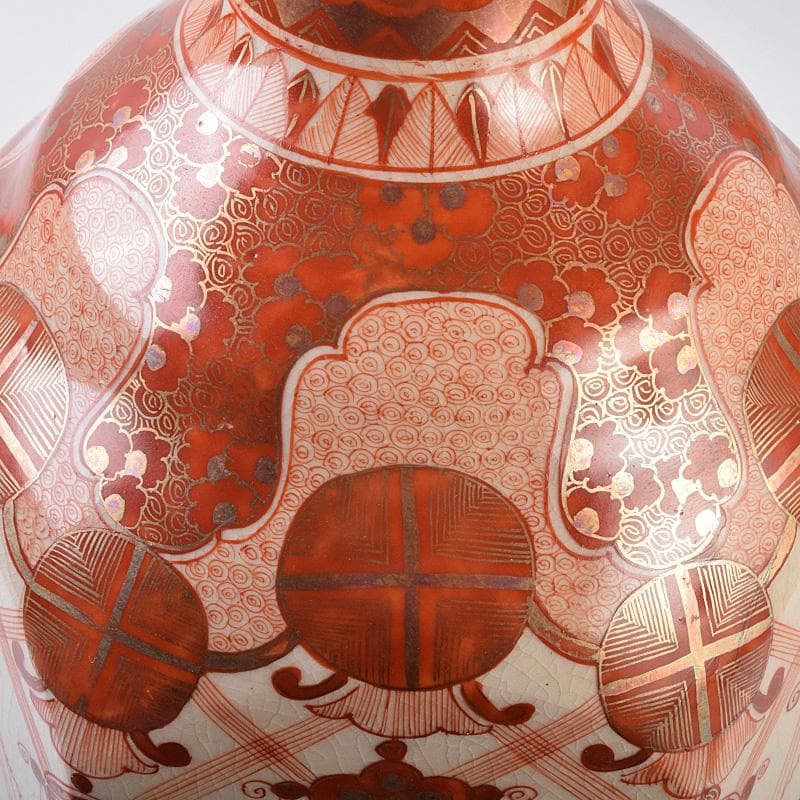 九谷焼　古九谷　赤絵金彩　瓔珞文　六角大徳利　一對　長壽箱付　G　R8975B