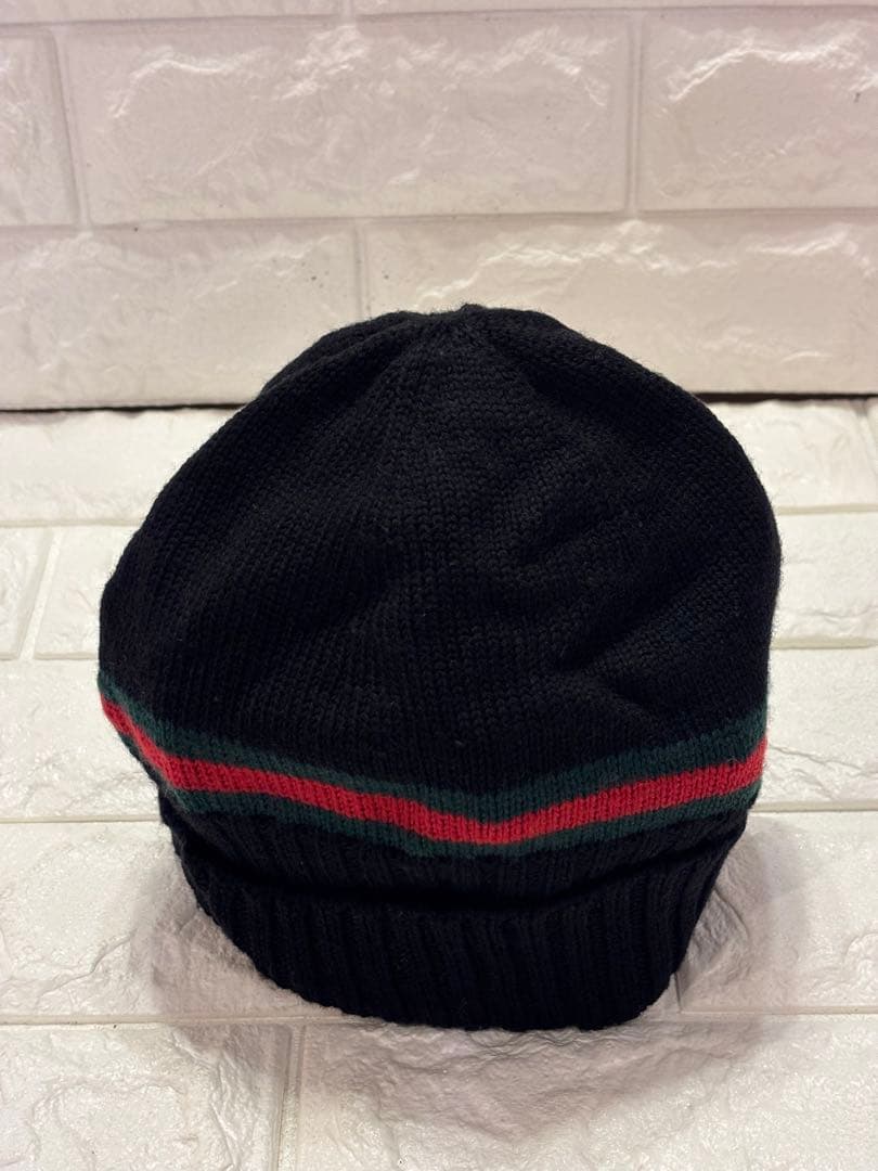 #美品グッチシェリーライン黒ニット帽 ストライプデザインユニセックス#Lサイズ