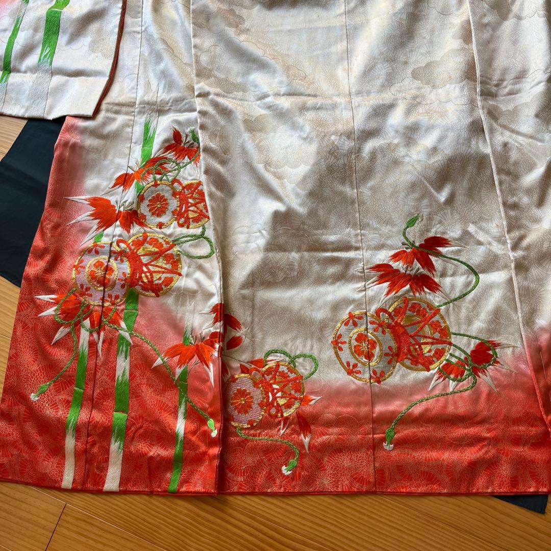 七五三 七歳着物　アンティーク　刺繍艶やか10点セット　オレンジ