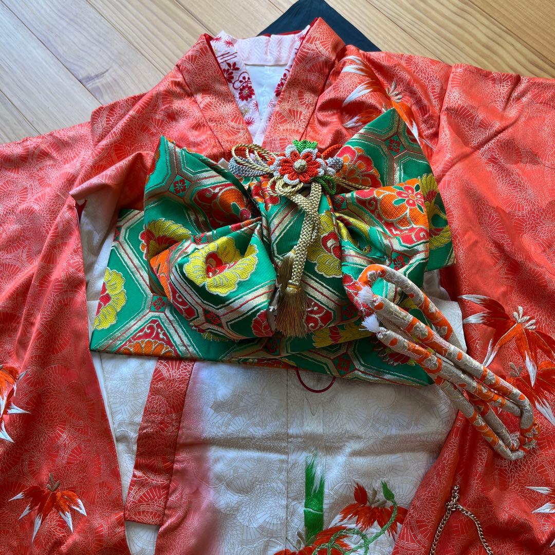 七五三 七歳着物　アンティーク　刺繍艶やか10点セット　オレンジ