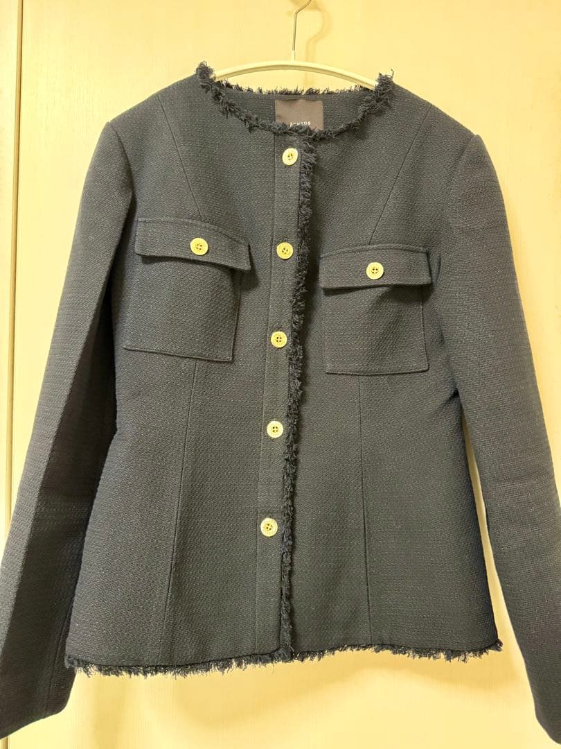 anuans ツイードノーカラーフォルムジャケット　ネイビー