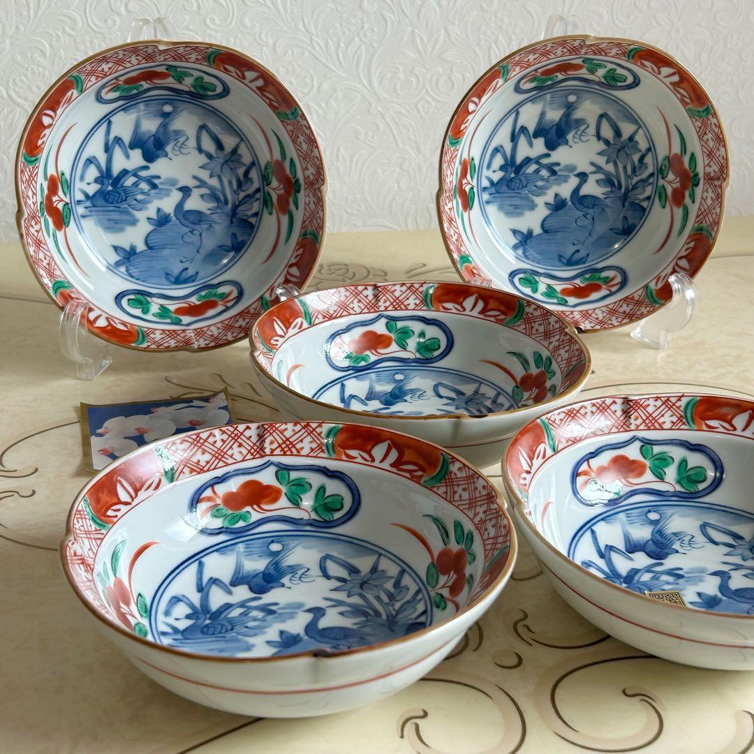 三洋陶器　龍峰窯　つみき　赤絵　染付山水　中鉢揃　5枚セット　小鉢　古伊万里色絵