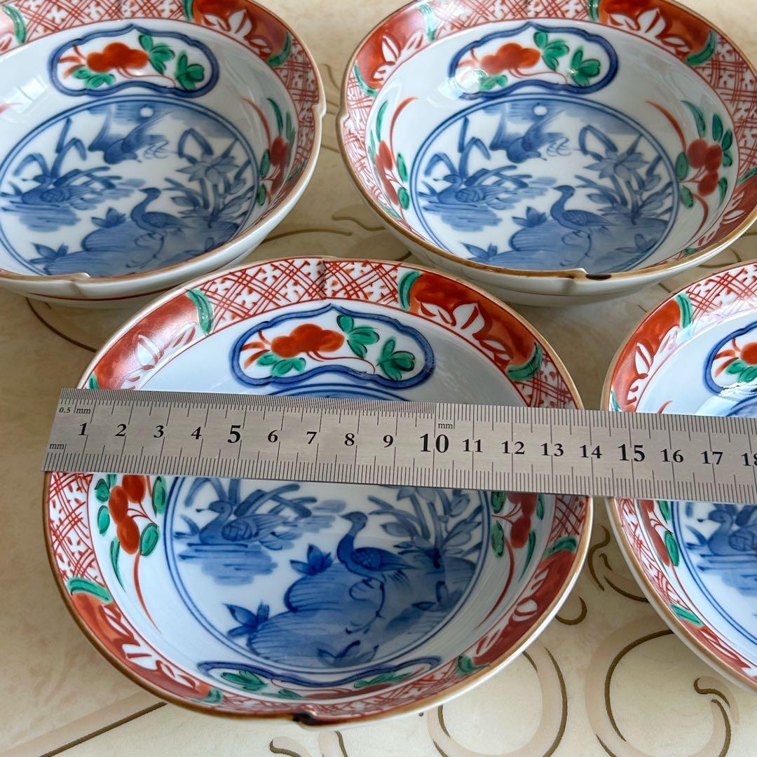 三洋陶器　龍峰窯　つみき　赤絵　染付山水　中鉢揃　5枚セット　小鉢　古伊万里色絵