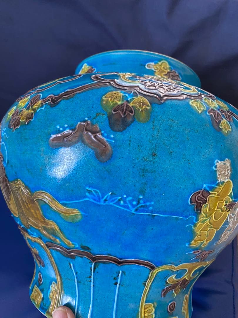 中国明代珐華彩携琴訪友紋大缶サイズ高さ約25cm径30×口16cm