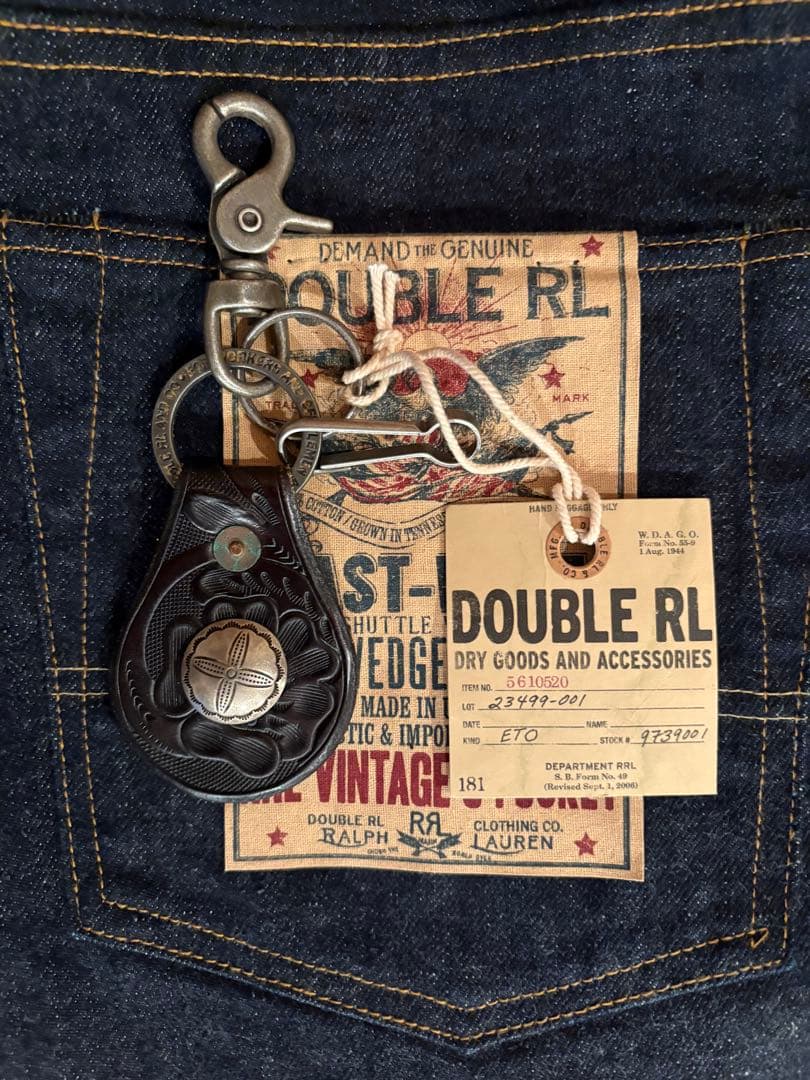 RRLレザーキーフォブ フック付き キーリング コンチョ カービングツールド