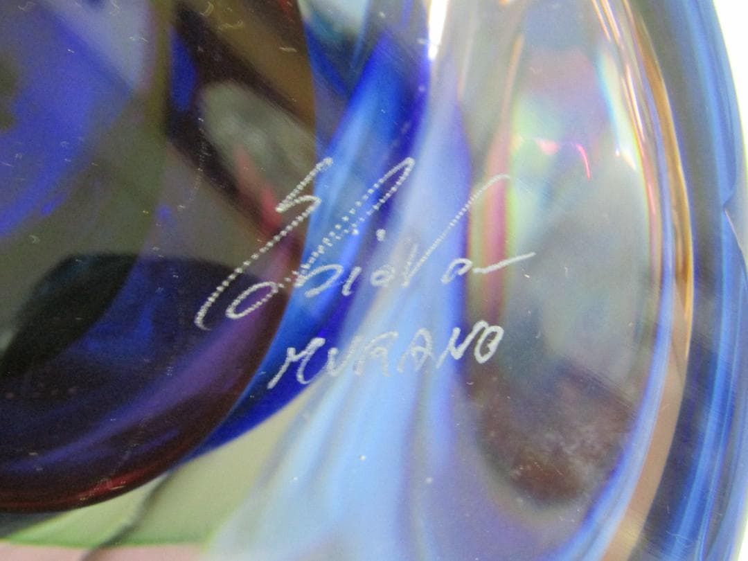 ムラーノ　クリスタルガラス　青いツイストデザインのガラス花瓶　作家物　希少品