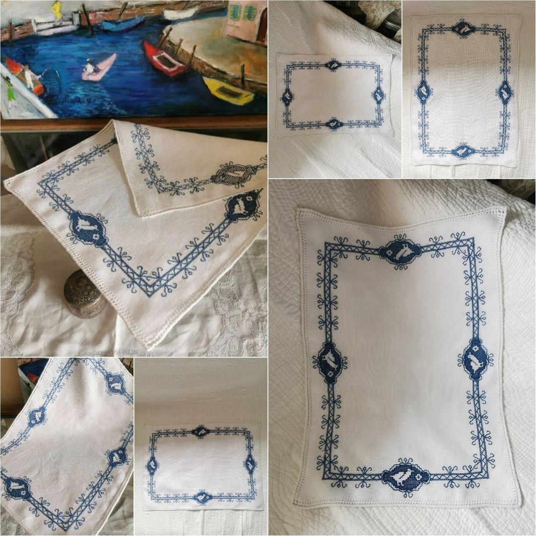 アンティークフランス 青い鳥のクロスステッチ刺繍 青糸刺繍ランナー リネンクロス