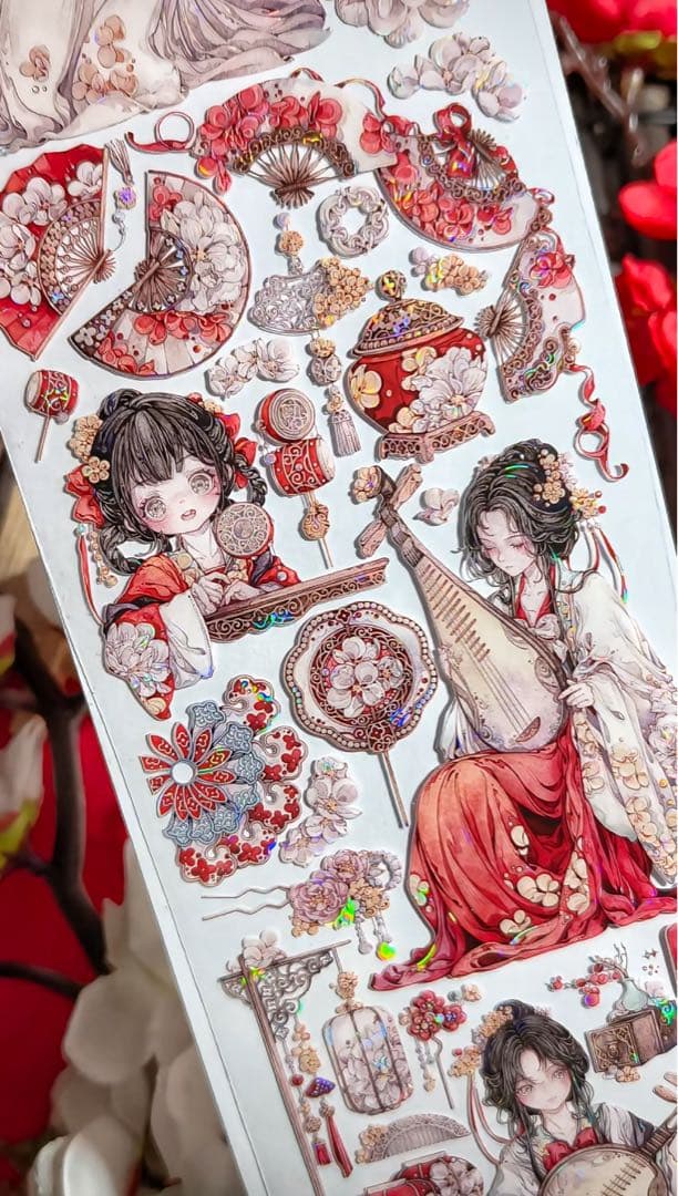 【9401】海外3/5/巻　貝殻光マスキングテープ　獅子先生新作　赤　人物古風系