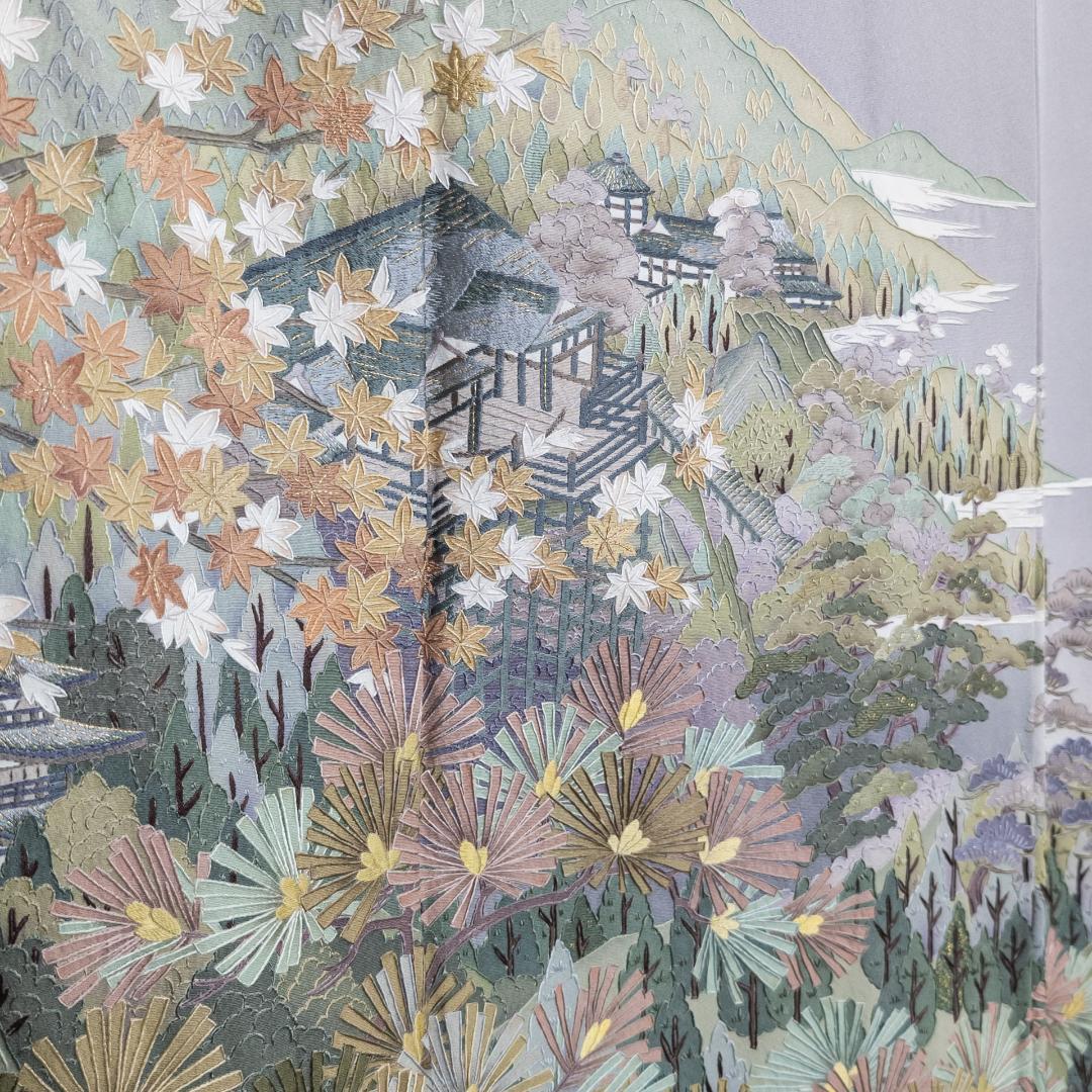 しおり R8SK87 色留袖 作家物 蘇州刺繍 清水寺 落款 上品 シルク