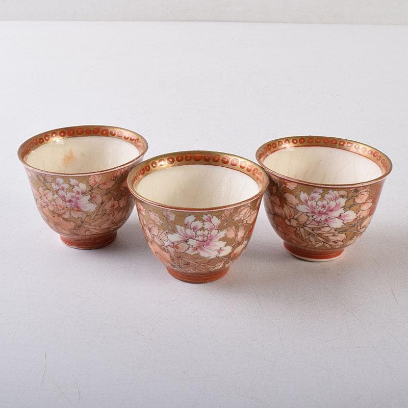 九谷焼　古九谷　赤絵金彩　花鳥文　煎茶碗　五客　D　R8651