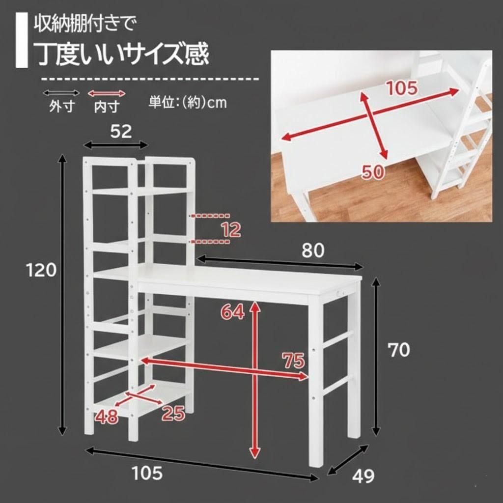フォロー割【新品】ラック付きデスク　可動式棚　幅105cm　収納　多用途