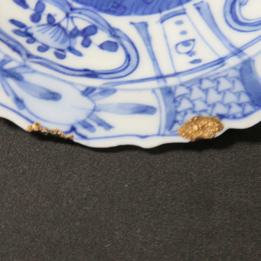 染付 小皿 皿 古伊万里 飛蝗文様 江戸 歪み 欠け 直し 芙蓉手 B傷多め