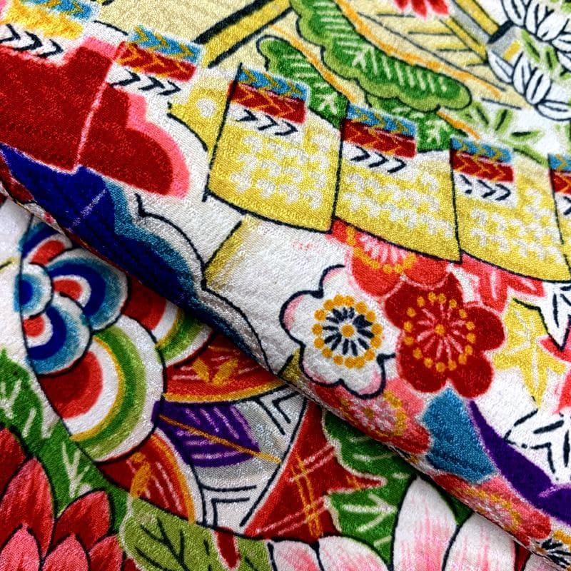 509ag41□七五三 三歳 アンティーク 女児 着物&被布 総柄 扇 花文□