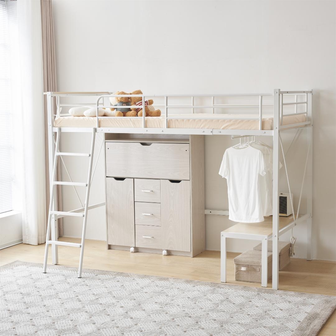 人気再入荷！ロフトベッド（S）コンセント・ローデスク付き耐荷重150kgホワイト