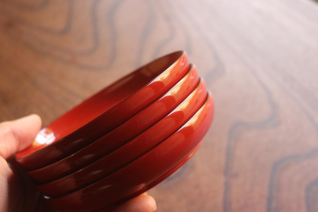 デッドストック！極上朱漆に風情ある墨書の映える小皿4点（検輪島塗越前塗お皿