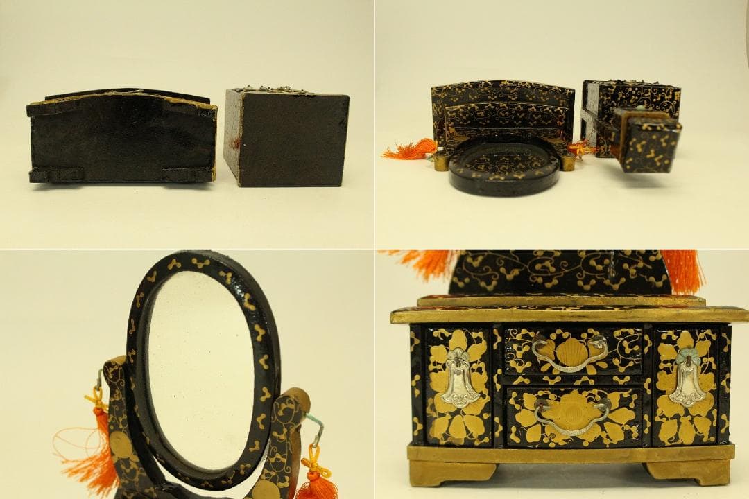 ミニチュア 雛道具 木製 蒔絵家具 重箱 針 鏡 揃い セット(ZE359)