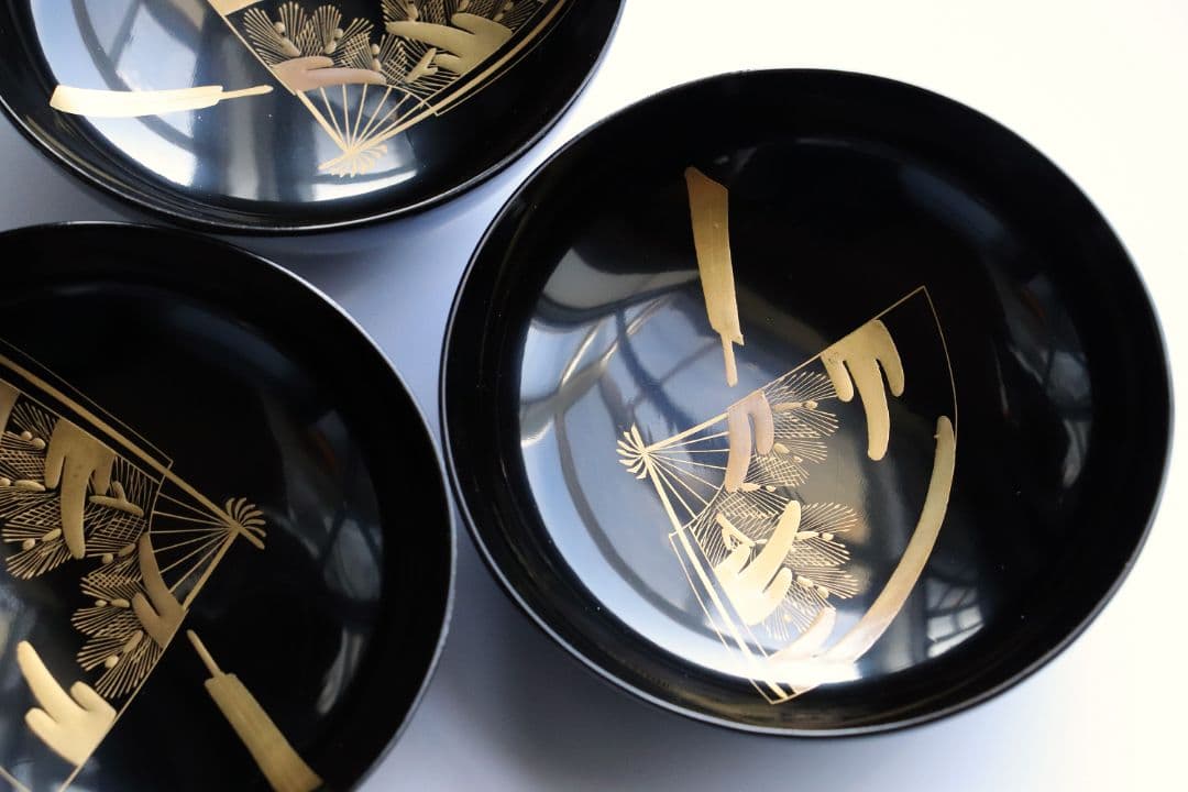 CG54 輪島塗 木製漆器 扇面金蒔絵 黒塗銘々木皿 九客 / 松取皿茶懐石道具