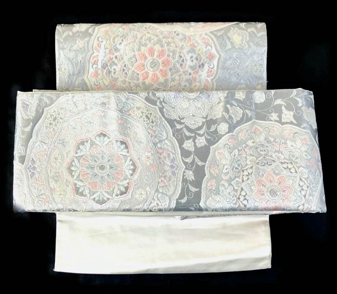 袋帯　ワンタッチ作り帯　マジックテープ　二重太鼓　プラチナ箔【法隆寺華文】付け帯