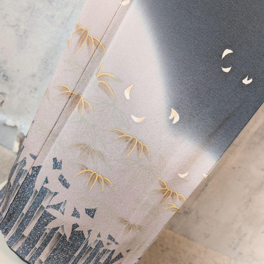 訪問着単品　着物　正絹　墨黒グレー　竹林　竹藪　クール　F1