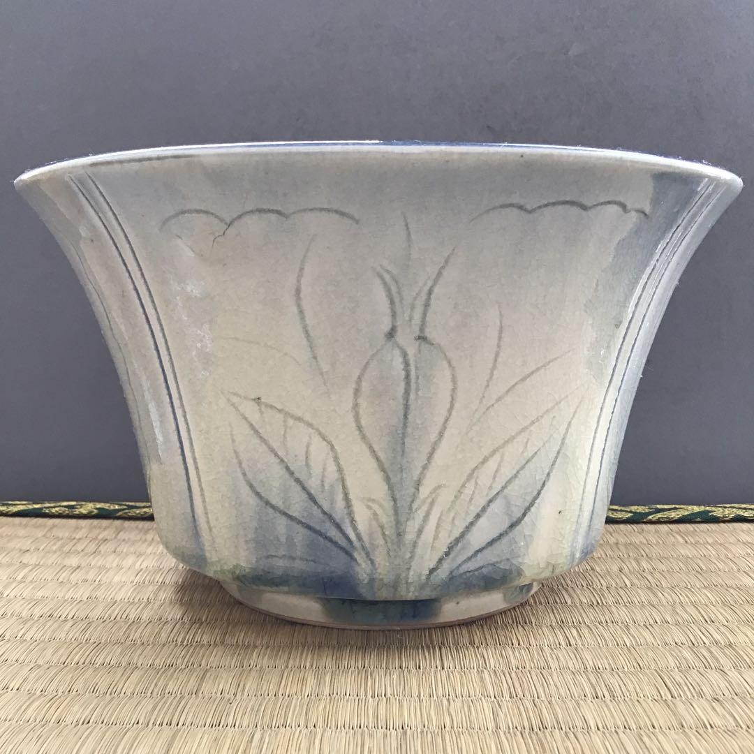 茶器　菓子器　御深井釉単花刻文菓子鉢　大江文象作　無形文化財　共箱　S274KH