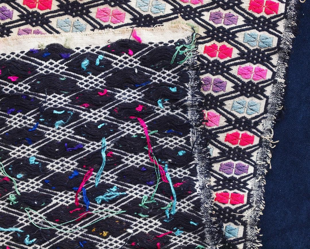 中国貴州省で入手、約300の格子状菱形紋に6花弁紋を加えた、少数民ミャオの刺繍布