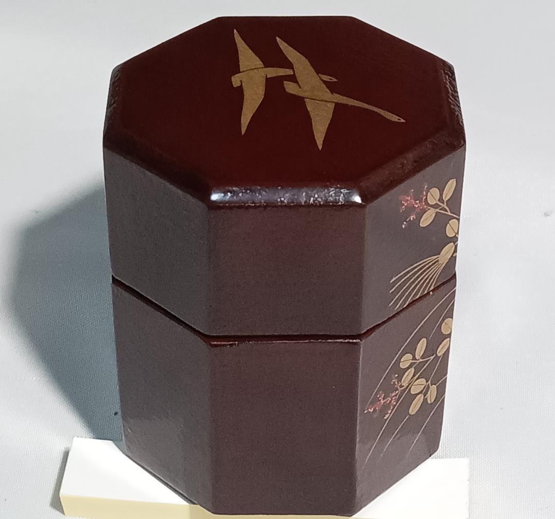 茶道具　宗観好一閑張八角茶器　道場宗廣作　二季鳥に秋草蒔絵八角茶器　超美品！！