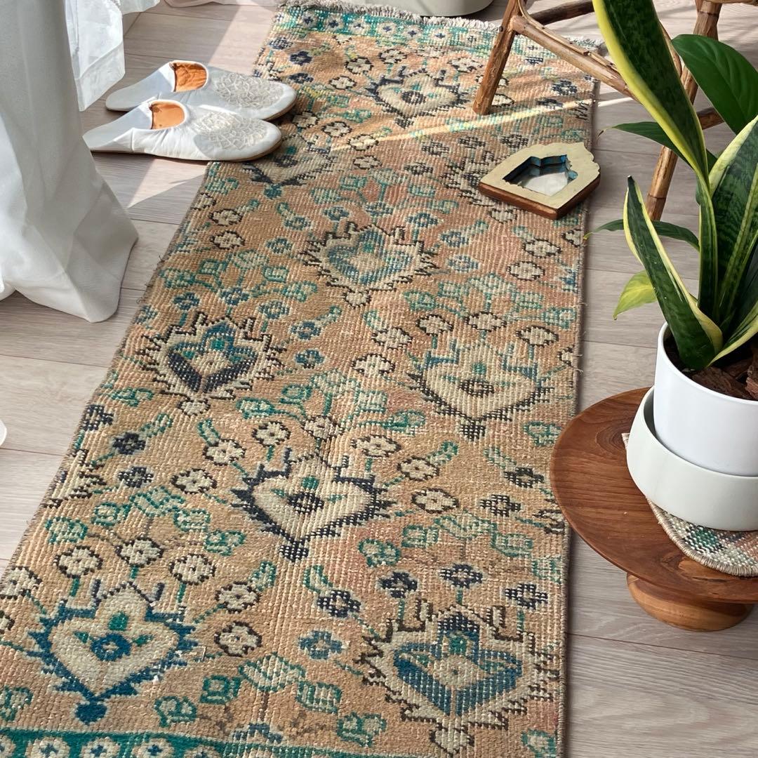 厚みウール　くすみベージュ　グリーン　ロング　ランナー　トルコヴィンテージラグ