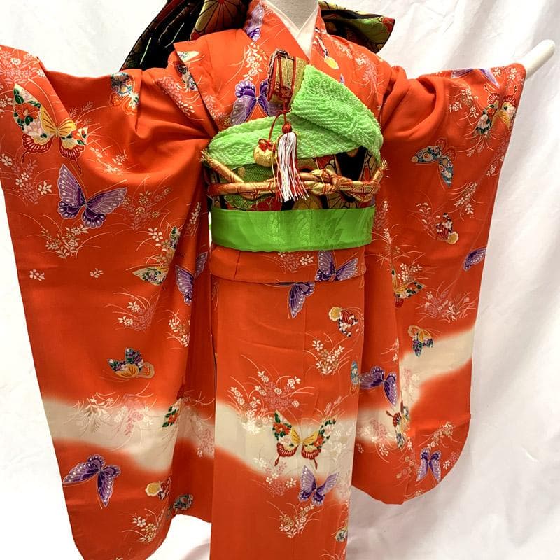 503ag94■七五三 七歳 女児 着物&袋帯 蝶 金彩 朱色■美品