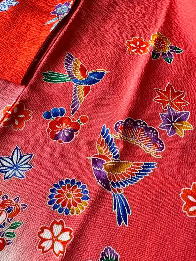 七五三に★逸品　正絹紅型小鳥と吉祥文　七歳着物、帯のセット