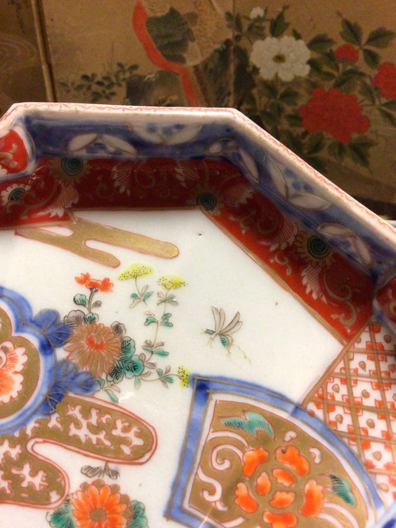 A831 古伊万里　極上　染錦手　菊に蝶　女郎花に蜂紋様　扇面皿　6枚揃え