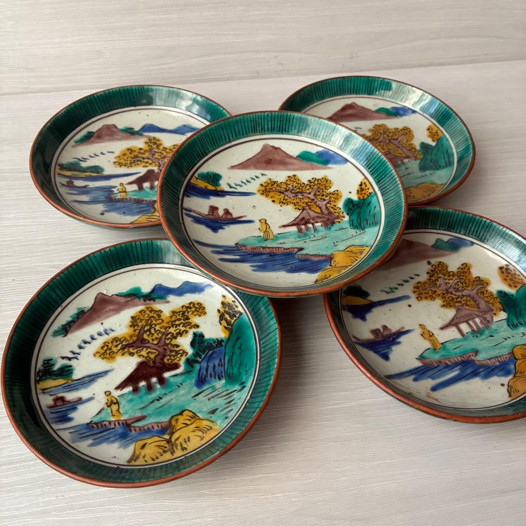 【1枚訳あり】九谷焼　吉田屋窯　小皿　角福　山水　青手　年代物　共箱　和食器