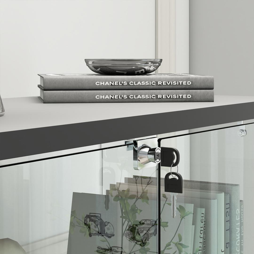 【ブラック】LED照明・引出し付 ガラス収納キャビネット4段 両開ドア