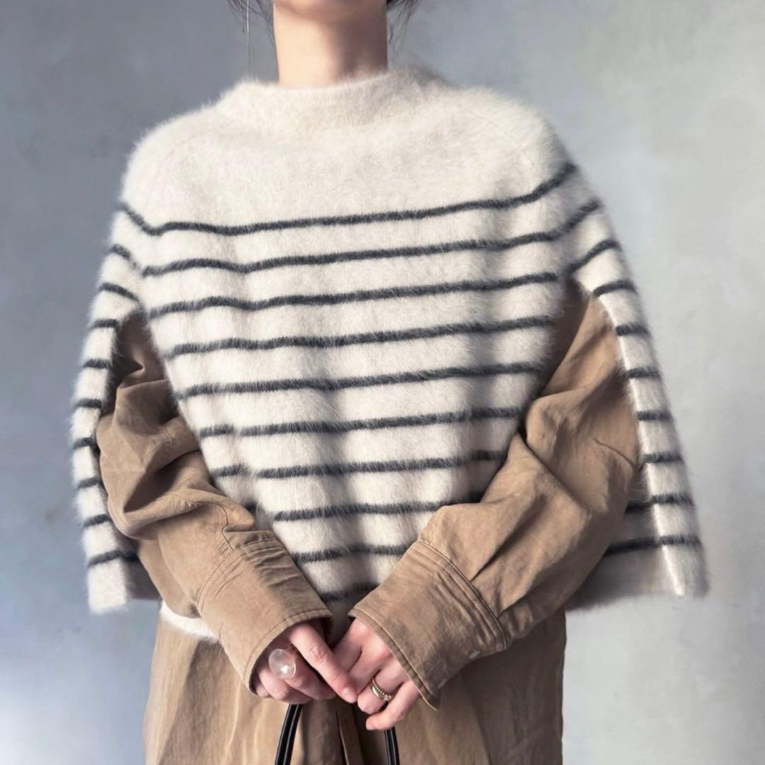 ビアズリー★ ファーニットポンチョ　フォックス　カシミヤ　ボーダー