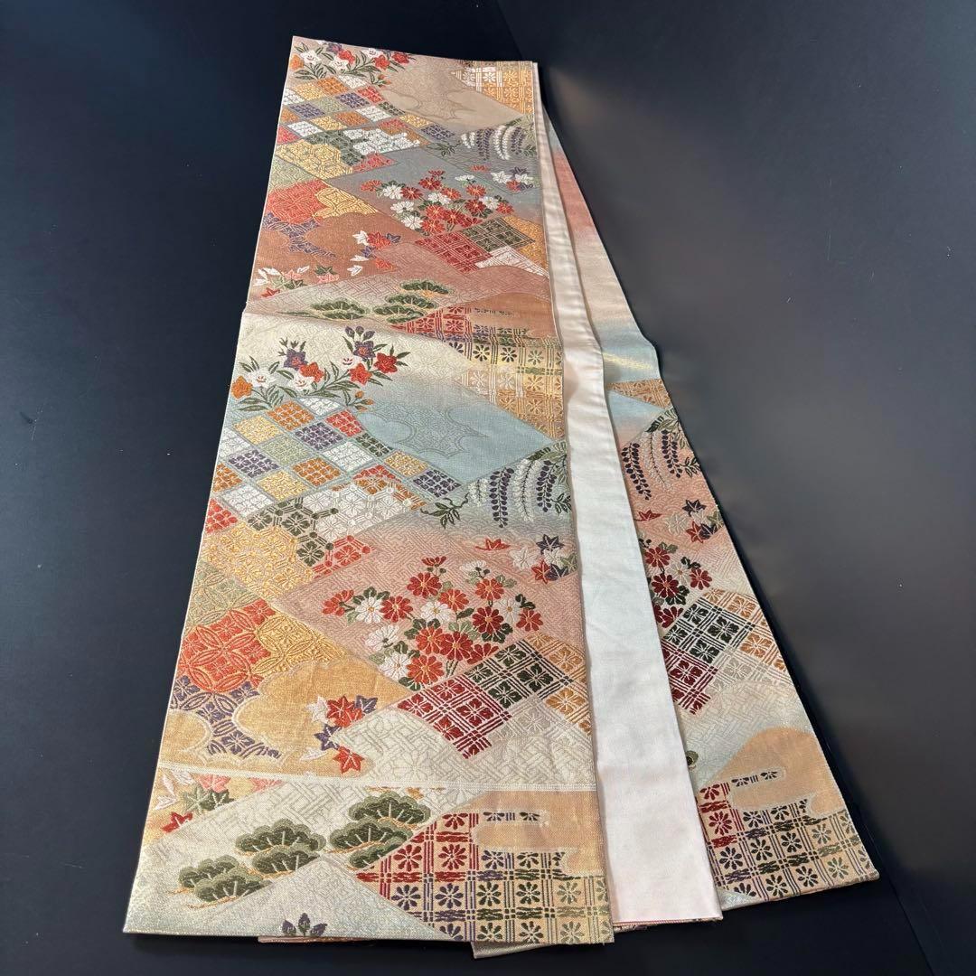 YU-034 袋帯 西陣織 藤 菊 楓 六通 正絹 名品 高級