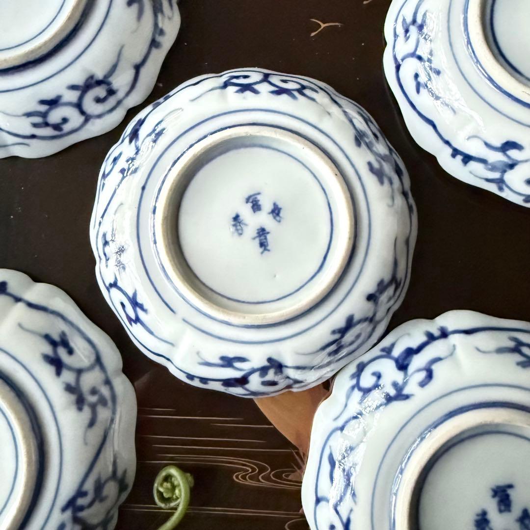 超限定2日20時迄❣旧家蔵出江戸期最上手牡丹と亀甲❌松竹梅大聖寺伊万里小皿5客