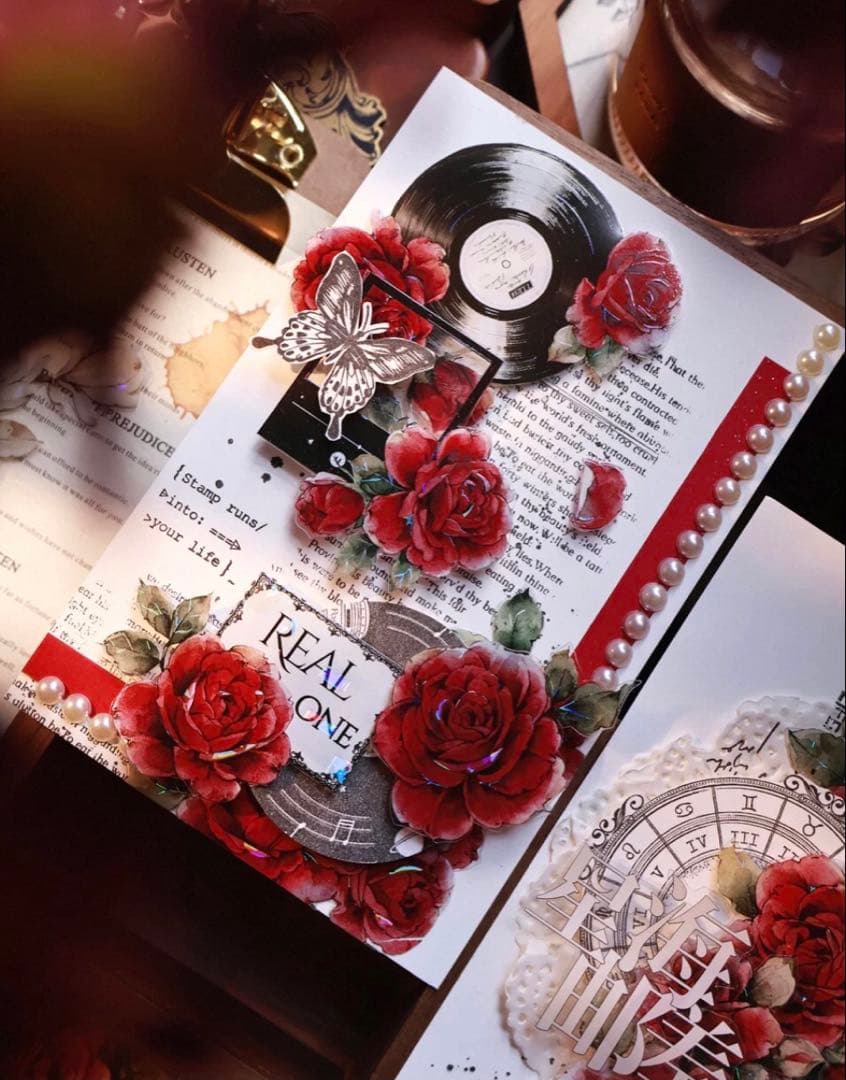 贝壳光 旧日红笺 6cm×6m 海外マスキングテープ　海外マステ　バラ　レコード