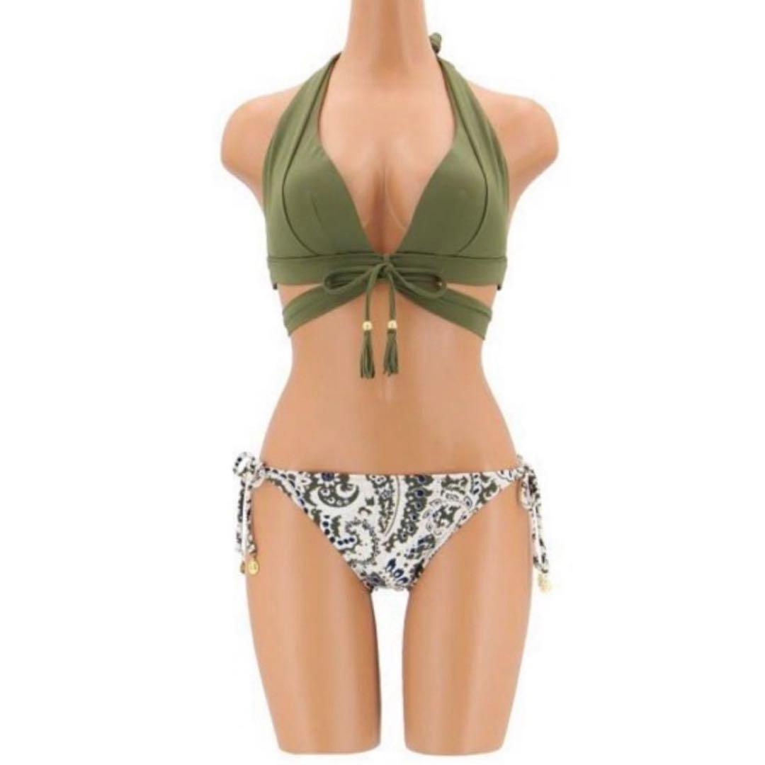 に*ゃ様 衛生面◎ 三愛水着 ナチュラルアップブラ ビキニ エスニック柄 カーキ