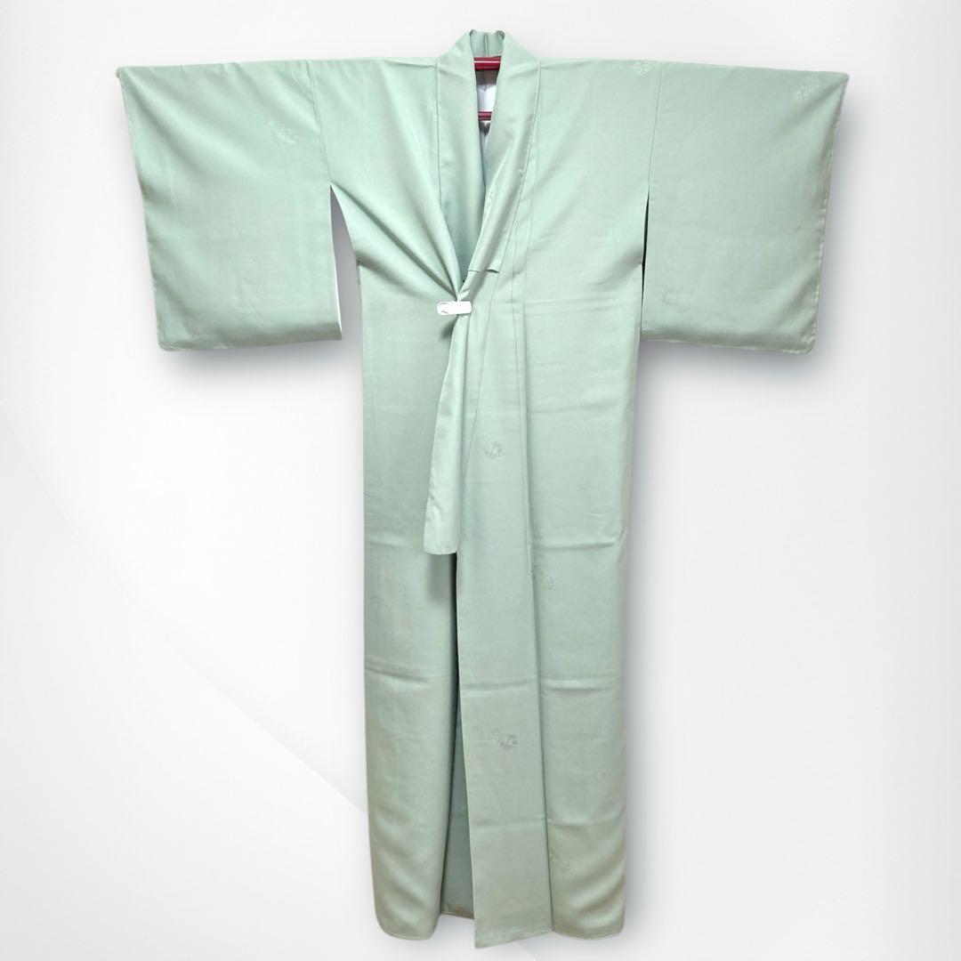 【未使用美品✨】東レシルック　洗える着物　色無地　四君子地紋　浅緑色　現行品E7