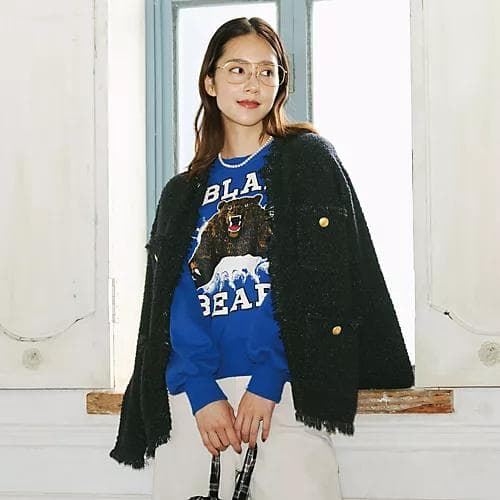 ADAWAS｜定価3.5万 金釦 フリンジ ツイードニットジャケット ブラック