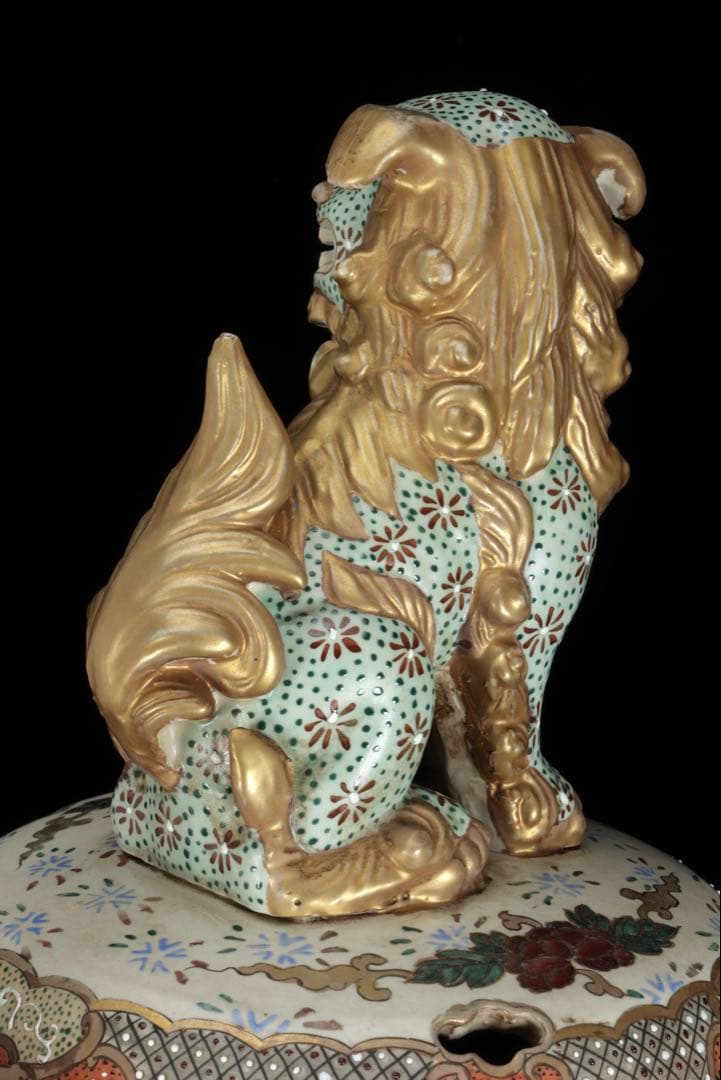 薩摩焼 金襴手金彩色絵 武者人物図 獅子摘三足大香炉 62㎝ 共箱 古美術 骨董