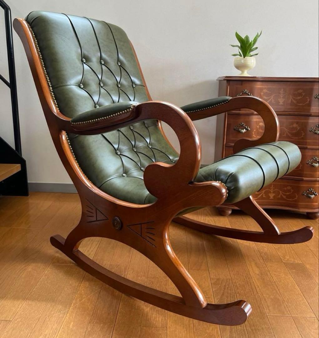 イタリア製　本革クラシック　ロッキングチェア　アンティーク　チェスターフィールド