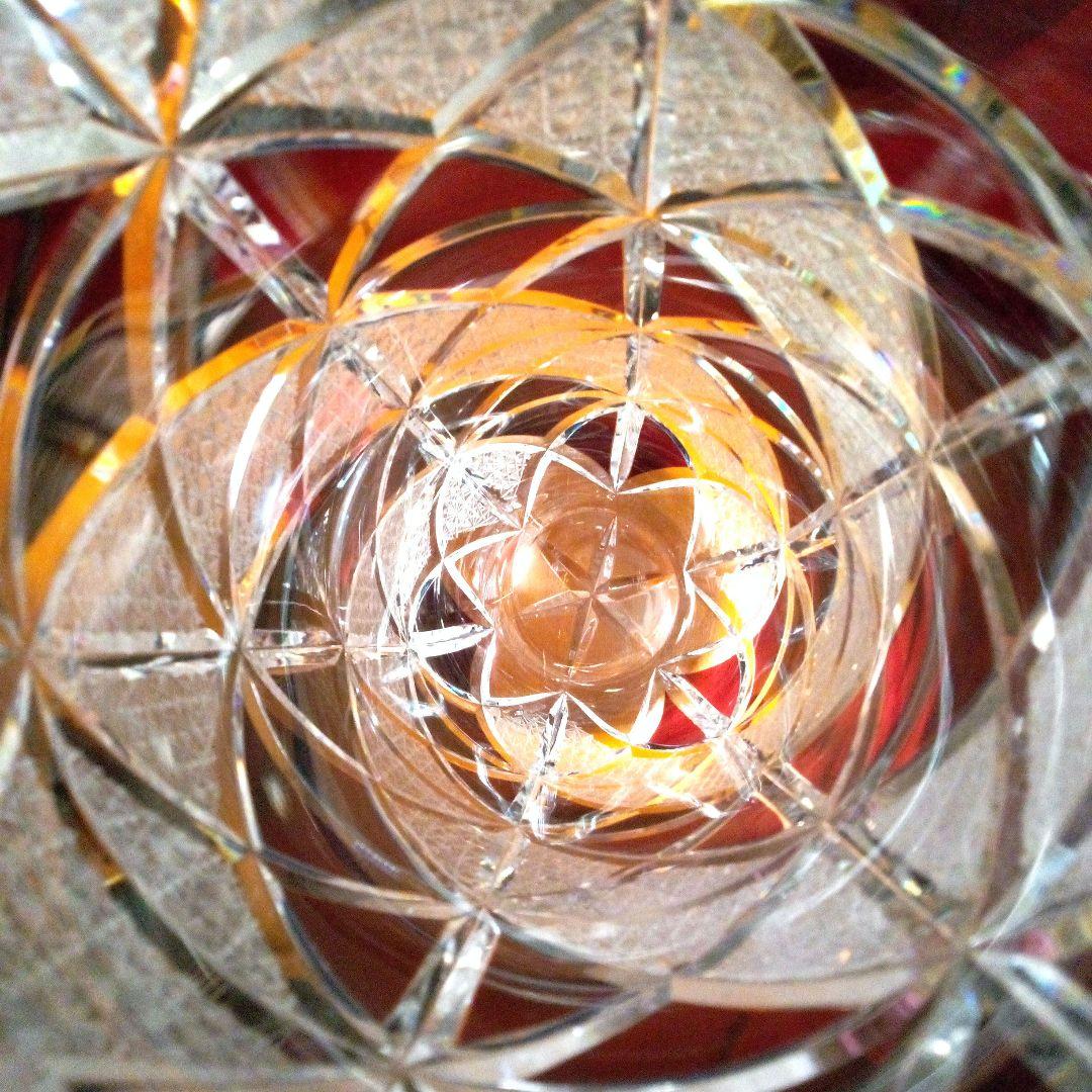 【 美品 】切子 菊繋ぎ クリスタル花瓶 銅赤