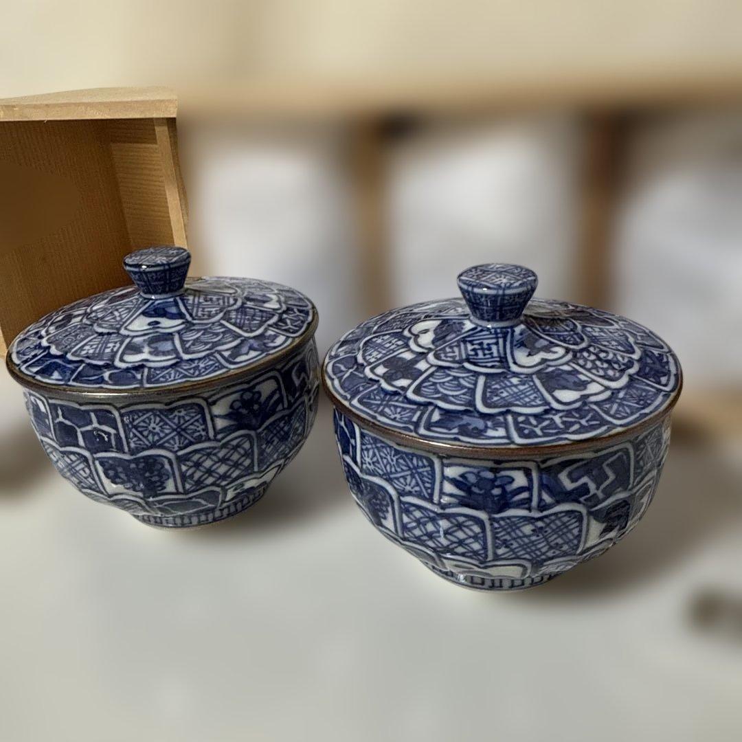 未使用 清水焼 京焼 平安壹楽造 湯呑み 蓋付 5客組 染付 茶碗 菊彫祥瑞