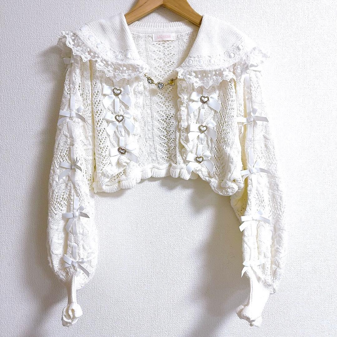 LIZLISA✨クロップド透かしセーラーカーディガン　ハート　リボン　ケーブル