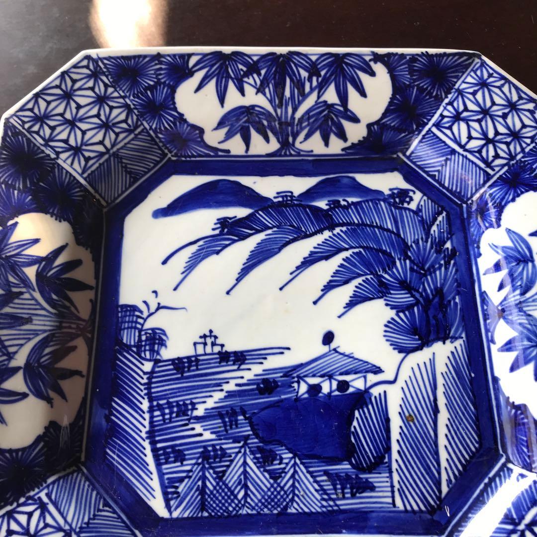 美品　古伊万里　陶器　年代物　盛り皿　角皿　八角絵皿　線画　山水の絵柄が素敵な