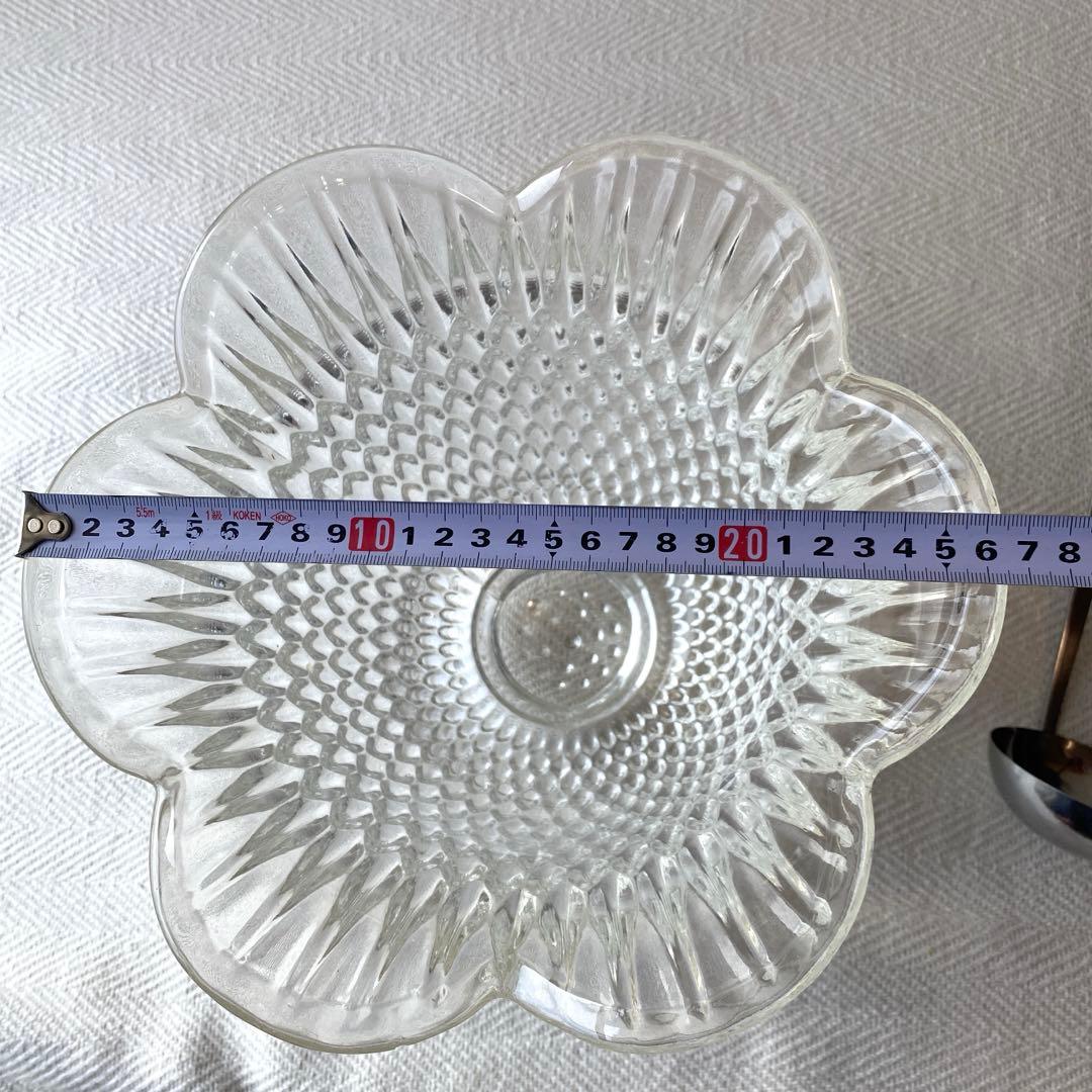 ①70年代 フルーツポンチ クリアプレスガラス 器 大型 花型 お玉付