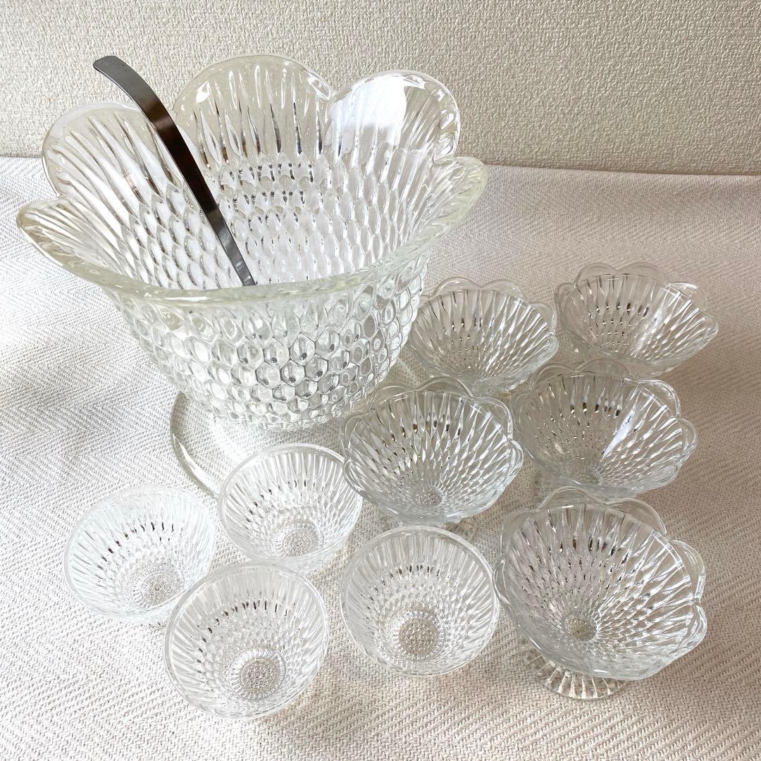 ①70年代 フルーツポンチ クリアプレスガラス 器 大型 花型 お玉付